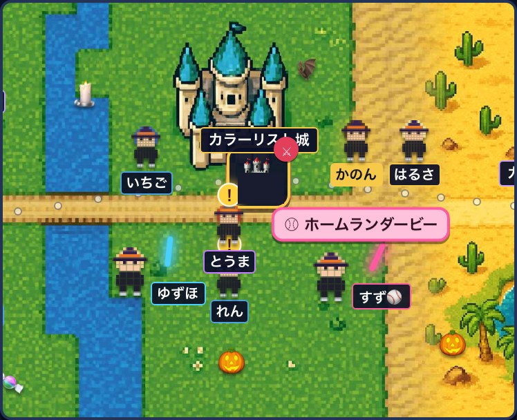 KIRUBE QUESTの地図。カラーリスト城の前にスタッフのキャラクターが集まっている